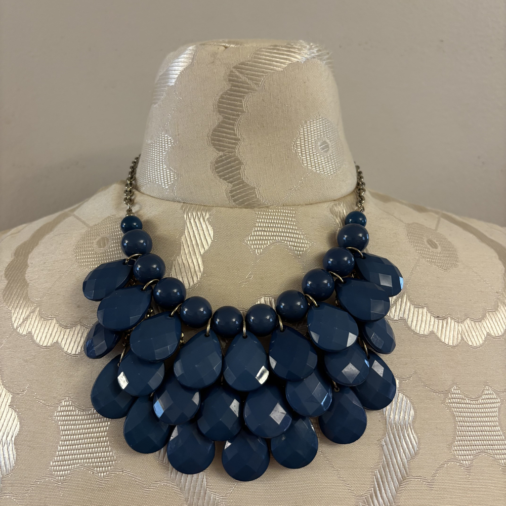 Navy Blue Opaque Teardrop Layered Statement Necklace Bronze Tone Chain Boho Bib